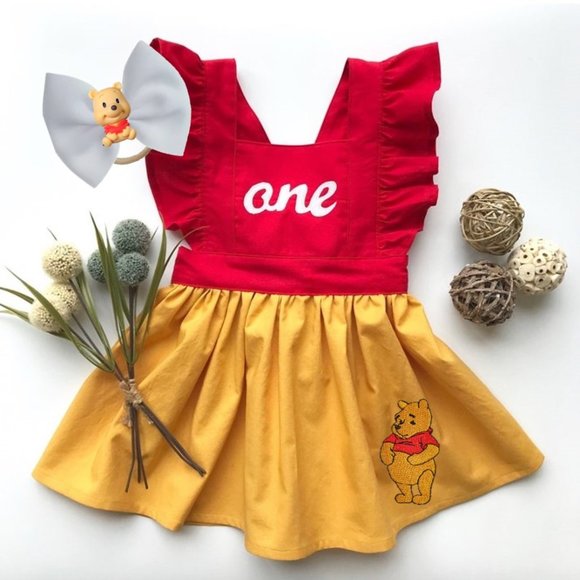 Winnie The Pooh Smash Cake First Birthday Outfit Dress Clothes Headband bow